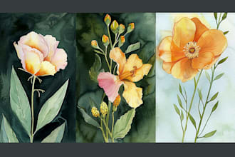 draw botanical illustrations of flowers, plants, line art