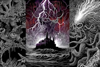 create detailed dark art illustrations for bands and merch