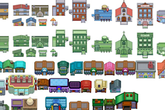 create pokémon style pixel art buildings, rpg tilesets, game assets for fan game