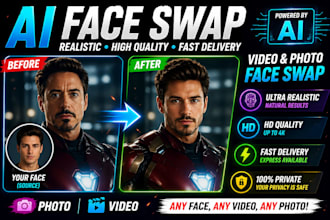 do face, body, or entire person swap, face swap on pictures, face swap on videos