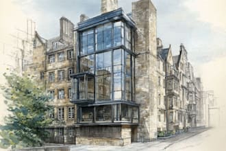 sketch architecture building with watercolor rendering