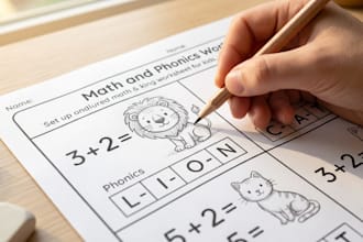 phonics and math worksheets for kids with custom line art