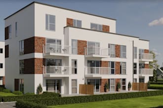 reframe 3d apartment exterior, german house, cgi building render, brick facade
