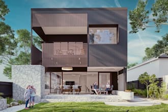 renovate modern house elevation,outdoor vertical cladding, balcony, patio design