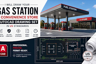 draw your gas station and convenience store autocad drawing set in US standard