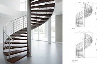 design 2d and 3d render for staircase, spiral stairs, handrail and glass railing