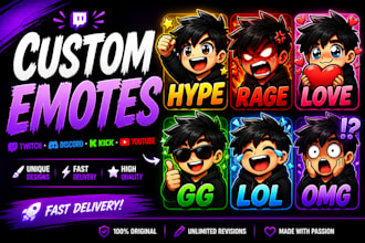 design custom twitch emotes, kick and discord emotes