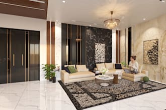 do bedroom, bathroom, kitchen and living room interior design and rendering