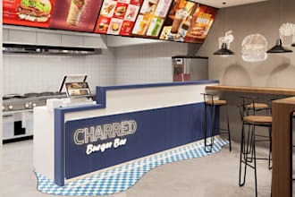 3drendering of casual restaurant interior,slat wall counter design,kitchen decor