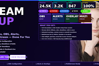 set up streamlabs, obs stream, alerts, overlays and multistream setup
