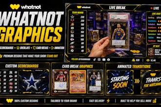 create custom whatnot overlays scoreboards card breaks and animations