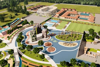 design commercial outdoor spaces, 3d rooftop park, masterplan, sketchup render