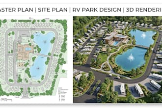 do master plan, site plan, grading, rv park, landscape, modelling and rendering