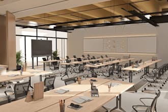 walkthrough3d modern training room interior,furniture sets,learning space layout