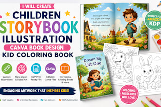 create children storybook illustration, canva book design, kid coloring book
