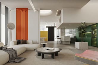 remodel interior design rendering for open plan, tropical house, office layout