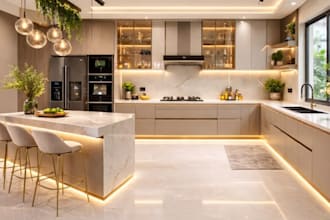 create modern 3d kitchen design and realistic rendering