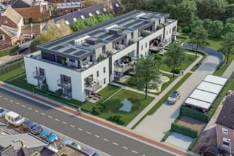 3d architectural rendering, modern residential apartment, cgi aerial view design