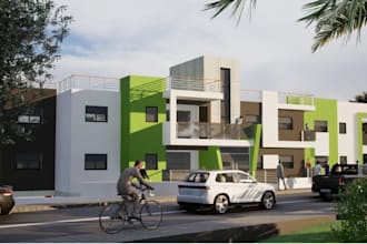 update luxury apartment exterior, modern urban housing, flat roof design,archviz