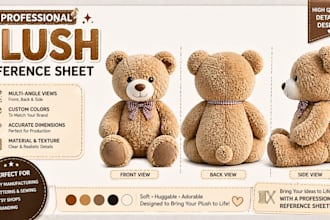 design custom plushie reference sheet stuffed animal character or ych concept