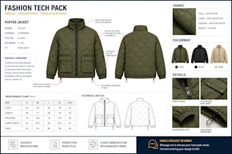 create fashion tech pack, clothing tech pack, technical flat sketch design