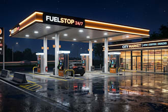 create a realistic 3d gas station, canopy, fuel pump, rv park with renders