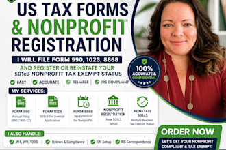 file form 990, 1023, 8868, register or reinstate your 501c3 nonprofit tax exempt