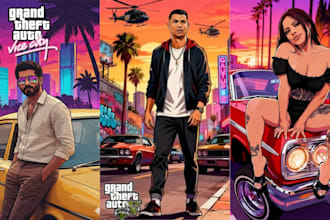 draw cartoon family couple portrait in gta style cartoon album cover vector art