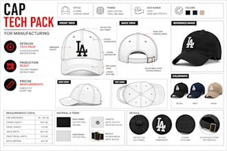 create cap tech pack, snapback hat trucker tech pack for production with mockup
