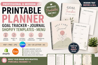 printable planner, journal, goal tracker, shopify templates