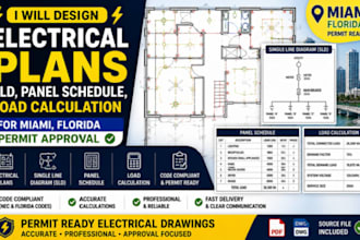design electrical plans, sld, panel schedule, load calculation for miami florida