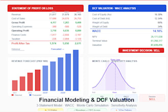 build a 3 statement financial model, dcf valuation, and monte carlo simulation