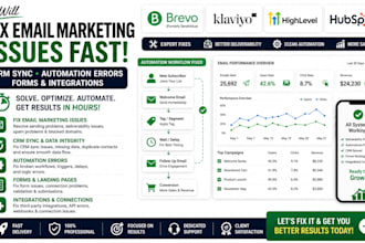 fix email marketing issues, CRM sync, automation errors, forms and integrations