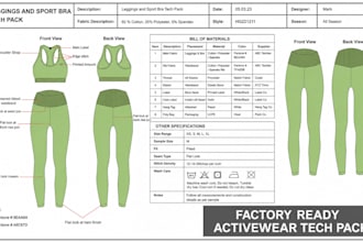 create professional activewear tech pack for gym wear sportswear for production