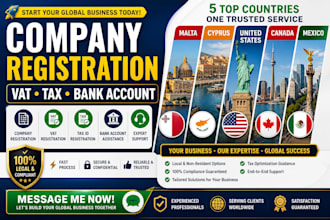 register your company, vat, tax id and bank in USA, canada, malta, cyprus,mexico