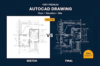 draw architectural floor plans, elevations, sections, roof, site plan in autocad