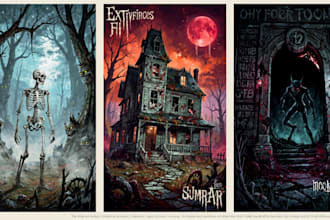create detailed dark art illustrations for bands and merch
