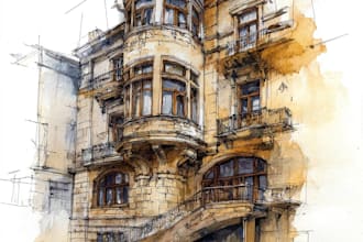 draw handmade watercolor illustration of architecture