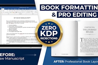 do professional book formatting, book editing, and KDP book layout design