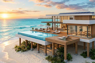 design a photorealistic 3d beach house with coastal architectural rendering