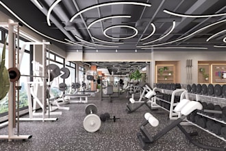 renovate 3d pilates studio,fitness facility,big box gym render, cgi lobby lounge