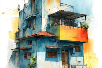 sketch and watercolor of house, building and other places