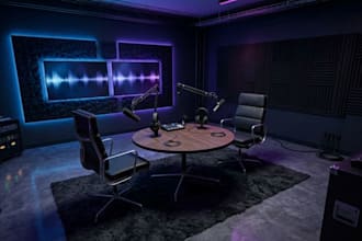 design a photorealistic 3d podcast studio for youtube and content creators
