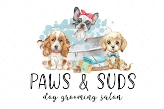 do retro premade, watercolor, adorable puppy, dog grooming logo