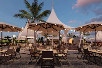 skp camping restaurant, party space render,3d outdoor lounge, cafe dining layout