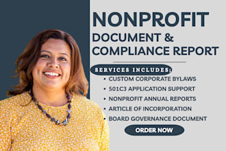 draft nonprofit bylaws, 501c3 documents, annual reports, and compliance