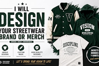design your streetwear brand or merch varsity college jacket, hoodie and t shirt