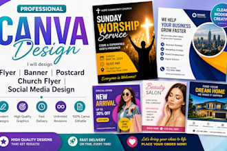 design canva flyer, church flyer, social media post, banner and postcard design