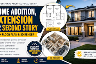 design home addition, extension or second story with floor plan and 3d render