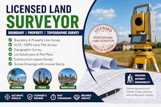 provide licensed land survey boundary and property survey with stamp in tx MD fl